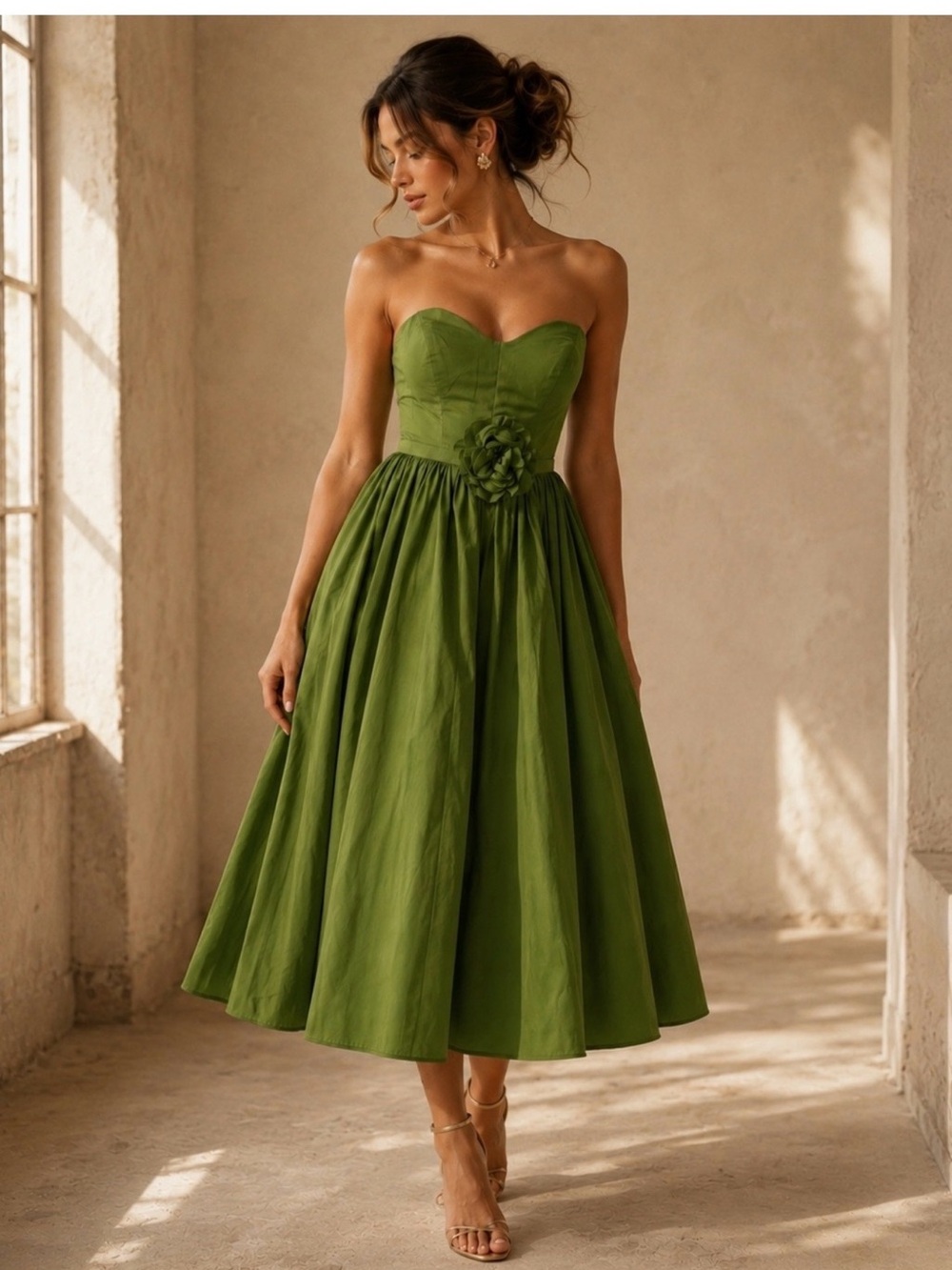 Mac Duggal Deep Chartreuse Taffeta Strapless Tea Length Gown NWT